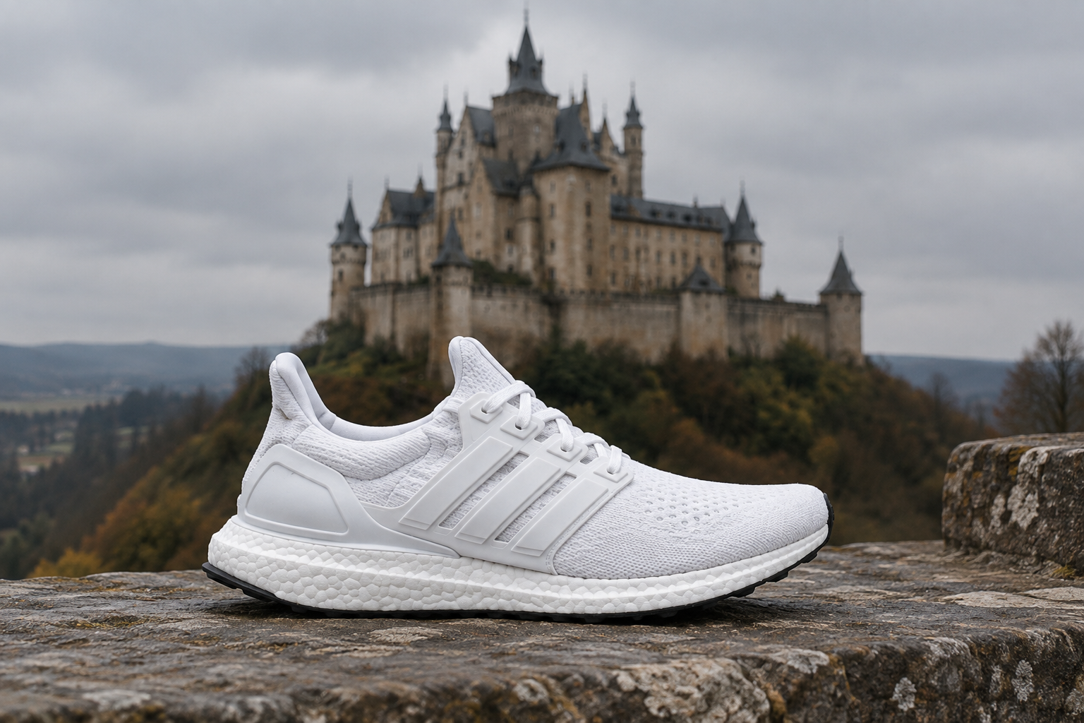 AI image combiner result: one white sneaker on a stone terrace with a castle behind it