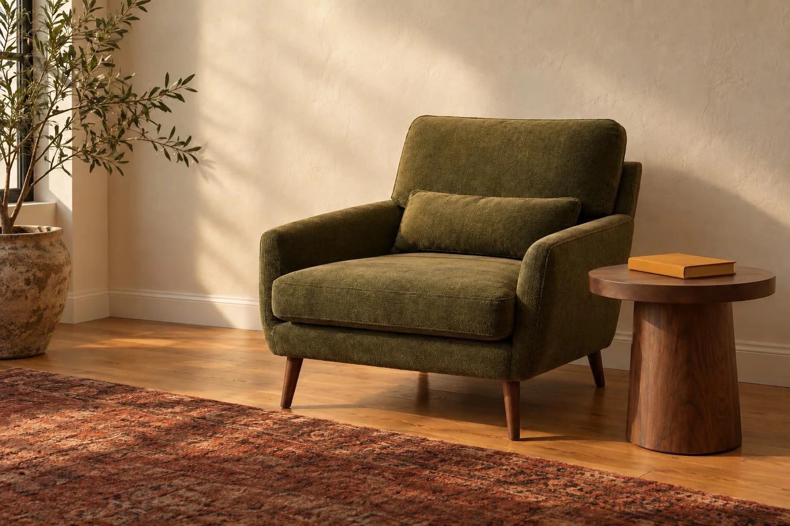 Remove shadow from photo — olive lounge chair and walnut side table beside a cream wall and rust rug.