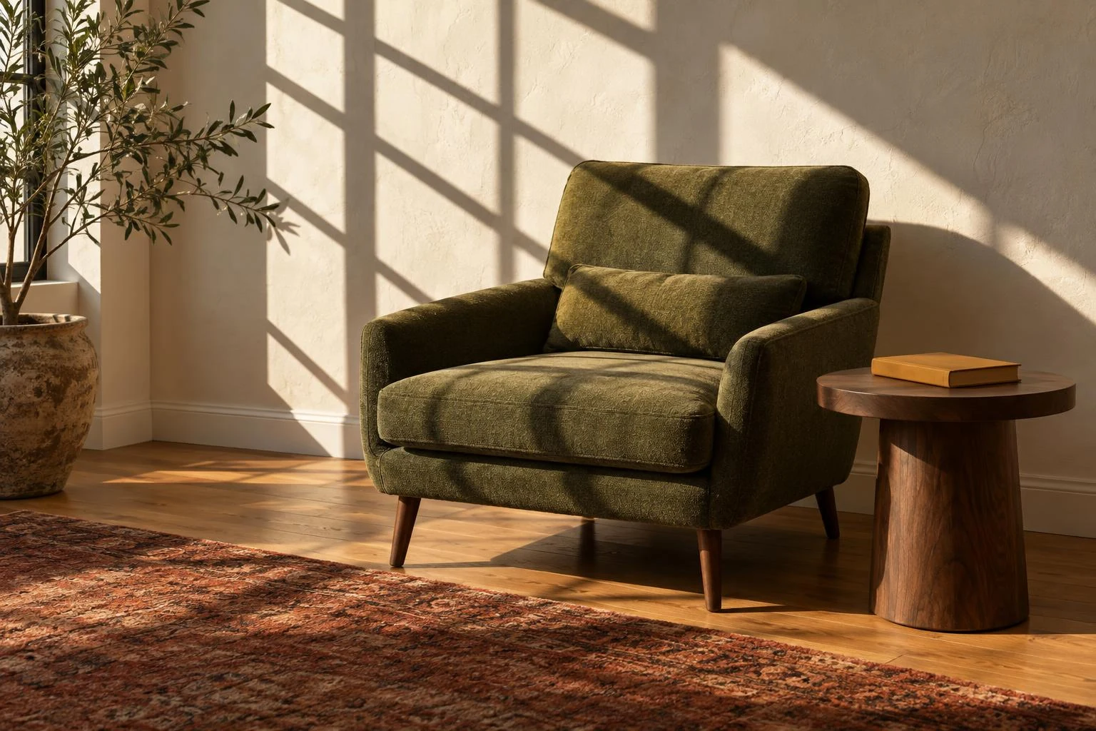 Remove shadow from photo — window-grid shadows across an olive chair and cream wall.