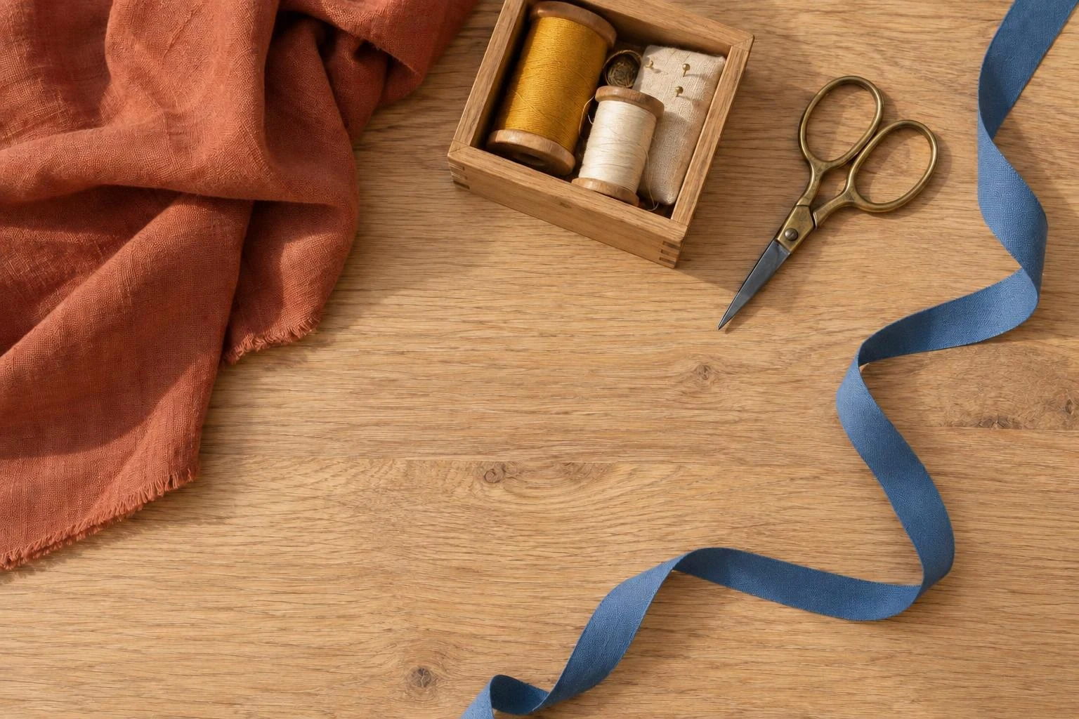 Remove shadow from photo — sewing threads, brass scissors and blue ribbon arranged on a pale oak table.