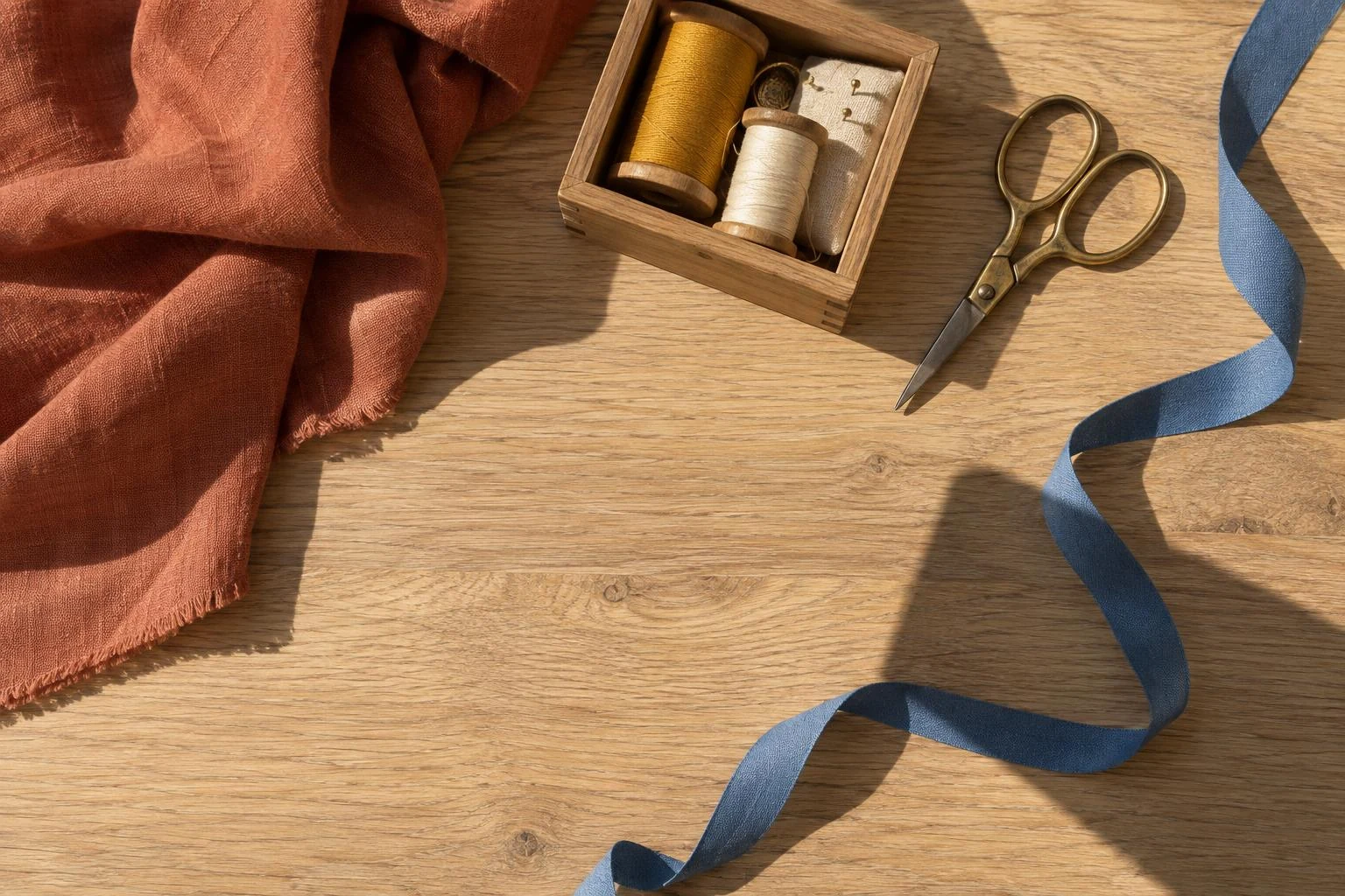 Remove shadow from photo — phone-shaped shadow across a blue ribbon and oak craft table.